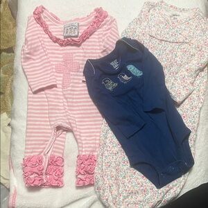 Pink Striped Ruffle Baby One Piece, Floral Gown & Blue onesie